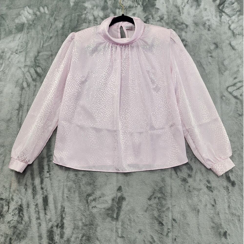 Vintage Grand Design Top‎ Womens M Pink Jacquard Silky High Neck Long Sleeve